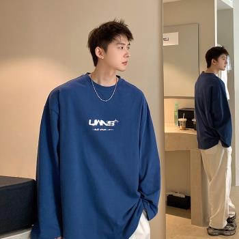 藏青色純棉長袖t恤男秋季oversize大碼圓領衛衣美式重磅打底衫潮