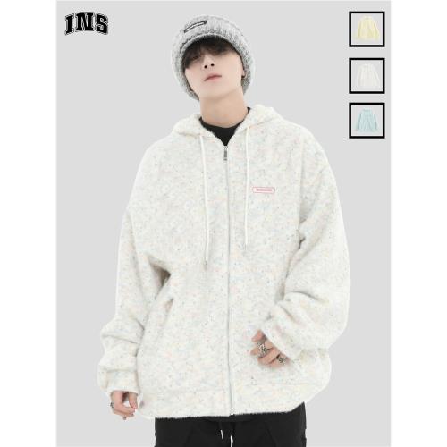 INSstudios 國潮牌情侶美式毛絨跳跳糖開衫衛衣寬松加絨拉鏈外套