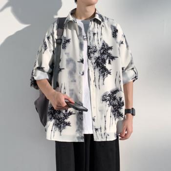 男士長袖襯衫春秋款潮流高階感痞帥男裝衣服中國風扎染襯衣外套男
