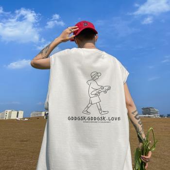背心男款美式復古運動坎肩夏季潮流簡約印花上衣薄款寬松無袖t恤