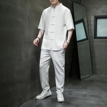 冰絲短袖襯衫男夏季套裝中國風復古盤扣上衣系新中式男裝唐裝漢服