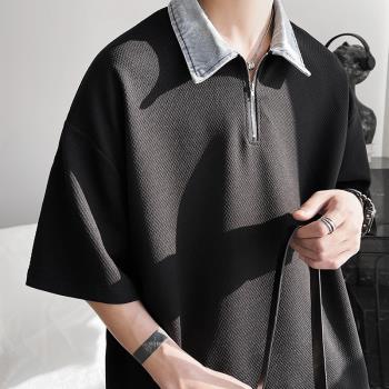 polo衫短袖男夏季高階感潮牌男士t恤美式高街牛仔領上衣男裝衣服
