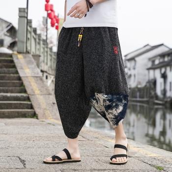 冰絲七分褲男夏季薄款蘿卜褲中國風男裝亞麻闊腿褲男士棉麻休閑褲