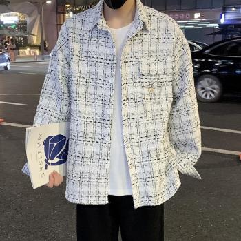 春秋季男士長袖襯衫薄款格子上衣小香風外套式潮牌痞帥襯衣高階感