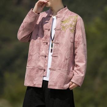 唐裝男款中式復古盤扣上衣中國風刺繡改良漢服秋季男裝麂皮絨外套