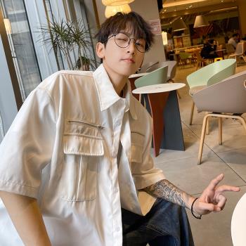 工裝短袖襯衫男夏季寬松大碼休閑半袖襯衣設計感小眾美式痞帥外套