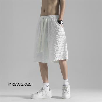 肌理感白色華夫格短褲男夏季薄款胖子大碼闊腿運動中褲外穿冰絲褲