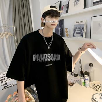 歐美潮牌320g重磅t恤美式小領口純棉短袖男夏季oversize半袖7分袖