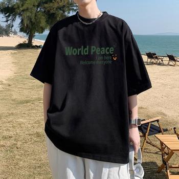 日系復古簡約純棉t恤男士短袖潮牌ins夏季oversize五分袖上衣大碼
