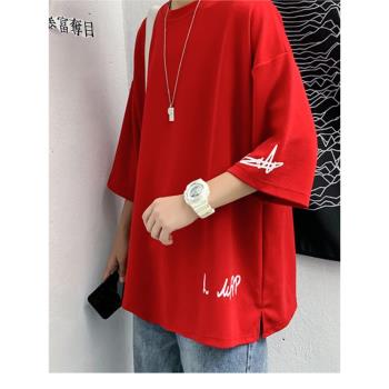 紅色T恤男短袖胖子寬松大碼oversize半袖上衣ins潮牌超火夏季體恤