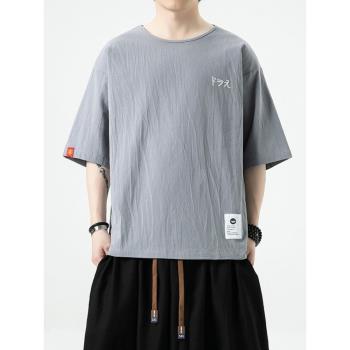 亞麻短袖t恤男中國風刺繡上衣夏季寬松半袖體恤潮牌復古棉麻衣服