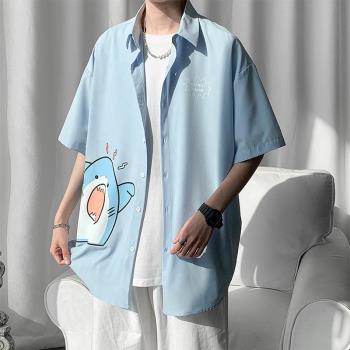 卡通惡魔短袖襯衫男夏季薄款外套寬松大碼半袖休閑日系冰絲白襯衣