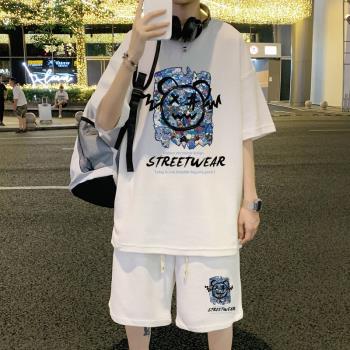華夫格t恤短褲兩件套夏季潮牌男生休閑運動套裝卡通印花冰絲體恤