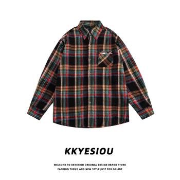 KKyesiou美式復古學院風格子長袖襯衫男女oversize情侶bf上衣外套
