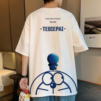 港風純棉短袖t恤男ins潮流多啦A夢藍胖子夏季卡通半袖寬松上衣服
