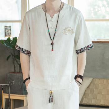 亞麻t恤男夏季薄款冰絲短袖中國風復古唐裝刺繡上衣中式改良漢服