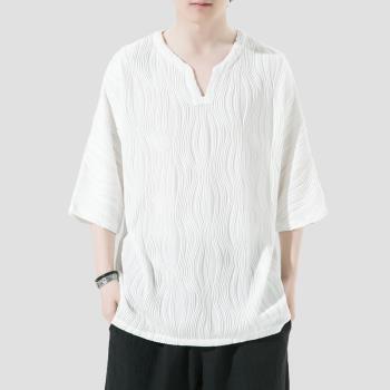 白色冰絲t恤男夏季薄款v領七分袖體恤中國風男裝半袖上衣男士短袖
