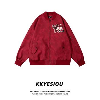 KKyesiou麂皮絨美式復古潮牌情侶棒球服男女飛行員bf工裝夾克外套