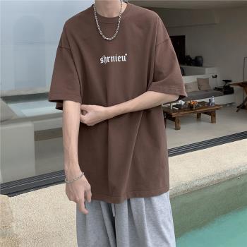 咖啡色短袖t恤男夏季潮流新款男裝衣服日式復古休閑上衣男士體恤