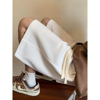 白色華夫格短褲男夏季薄款褲子直筒寬松運動褲美式休閑五分褲中褲