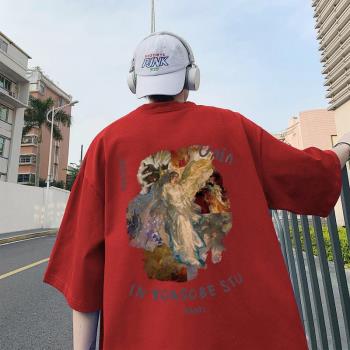 夏季重磅短袖t恤男潮牌港風寬松半袖體恤設計感印花休閑圓領上衣