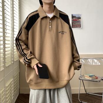 polo衫領衛衣男美式復古重磅外套春秋款設計感長袖打底衫男士上衣