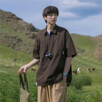日系polo衫短袖男款夏季潮牌潮流寬松半拉鏈山系機能工裝襯衫t恤