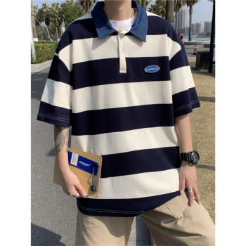 日系條紋polo衫短袖男夏季高階感潮牌半袖t恤青少年帥氣男生上衣