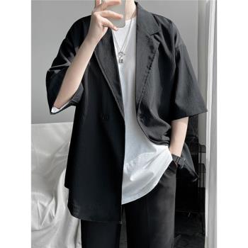 冰絲襯衫男夏季薄款透氣防曬外套褶皺肌理感上衣男士休閑短袖襯衣