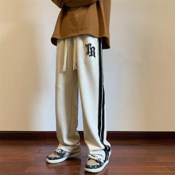 鹿皮絨褲子男春秋款美式復古條紋運動褲ins潮牌寬松直筒休閑長褲