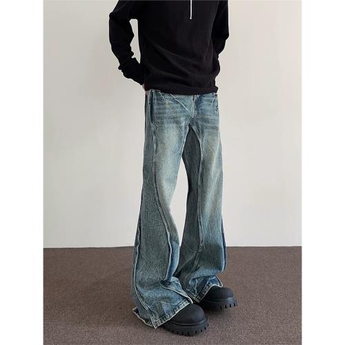 美式高街vibe閃電紋水洗拼接牛仔褲男cleanfit直筒百搭微喇長褲子