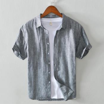 潮透氣日系簡約純色短袖衣服亞麻
