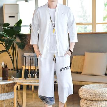 中國風男裝夏季亞麻短袖t恤搭配一套七分袖開衫道袍漢服棉麻套裝
