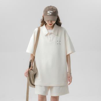 華夫格套裝男夏季短袖polo衫翻領t恤情侶裝夏裝休閑運動衣服一套