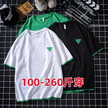 夏天圓領t恤男短袖潮牌INS印花假兩件寬松大碼胖子薄款半袖體恤衫