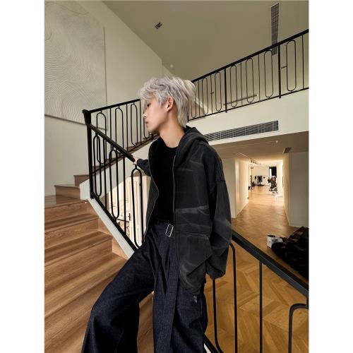 水洗波紋衛衣* 4JUNKS*做舊黑短款拉鏈帽衫衛衣外套春秋cleanfit