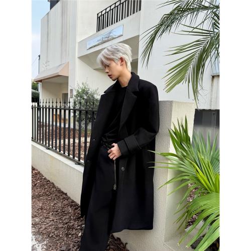 羊毛長款大衣*4JUNKS*氛圍慵懶黑色羊絨混紡毛呢大衣男女冬厚外套