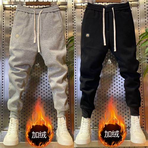 痞帥加絨衛褲男休閑長褲秋冬季新款束腳褲韓版潮流網紅修身小腳褲