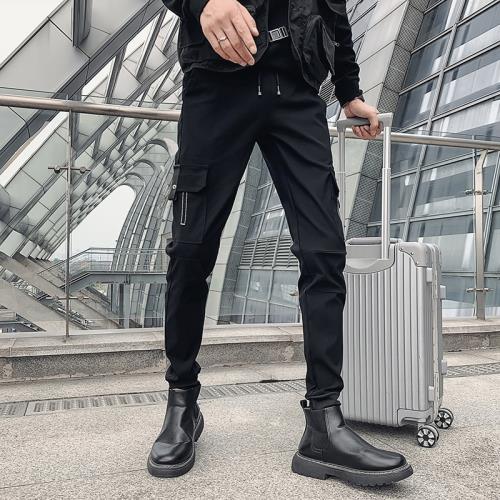 潮牌工裝褲男痞帥修身小腳褲2023新款修身九分褲春夏季純色休閑褲