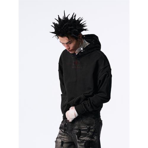 SGW水洗臟染分割刺繡寬松連帽衫短寬版型黑灰雙面穿430G長袖衛衣