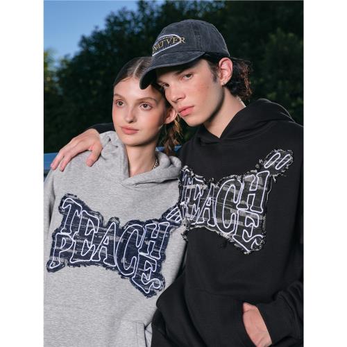 TEACH PEACE潮牌破壞毛邊牛仔貼布帽衫寬松刺繡字母連帽衛衣秋季