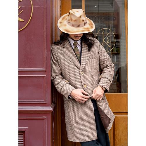SOARIN英倫風復古千鳥格大衣外套男 秋冬格子羊毛呢子中長款風衣