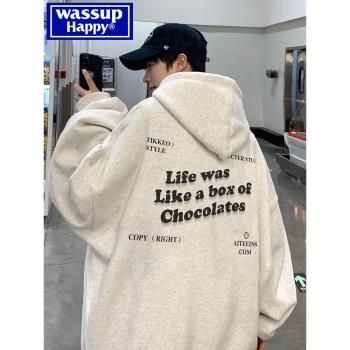 WASSUP HAPPY連帽衛衣男春秋季重磅帽衫潮牌印花寬松百搭休閑外套