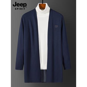 吉普JEEP中長款風衣男秋季外穿無扣開衫毛衣男士純色休閑針織外套