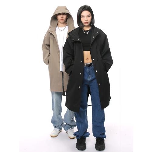 Voguo Relay 韓版純色中長款風衣外套春秋季寬松連帽防風大衣男女