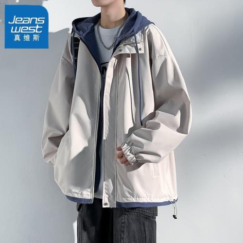 真維斯夾克外套男2025春秋季青少年運動休閑假兩件連帽衫沖鋒衣潮