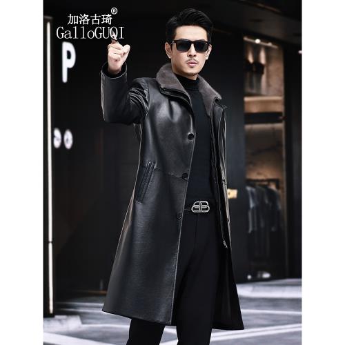 冬季長款風衣男士頭層牛皮皮衣真皮兔毛皮草內膽水貂毛領高檔外套