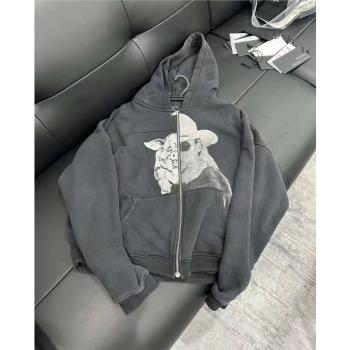 ERD美式潮牌憂鬱的富二代24SS豬人拼接印花拉鏈開衫男女衛衣帽衫