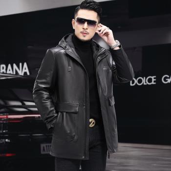 海寧冬季真皮皮衣男連帽中長款風衣羽絨服皮夾克休閑加絨加厚外套