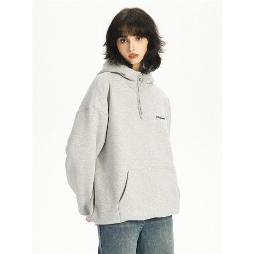 714street日系基礎半開領連帽衫秋冬季加絨加厚衛衣情侶保暖外套